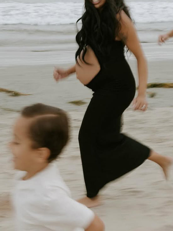 fotobeyou Black Ruffle Cut Out Ruched Cami Elegant Maternity Photoshoot Maxi Dress