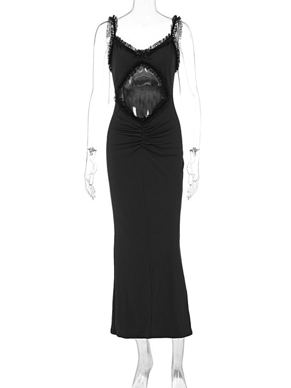 fotobeyou Black Ruffle Cut Out Ruched Cami Elegant Maternity Photoshoot Maxi Dress