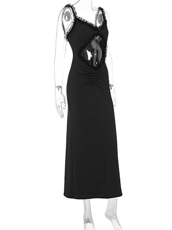 fotobeyou Black Ruffle Cut Out Ruched Cami Elegant Maternity Photoshoot Maxi Dress