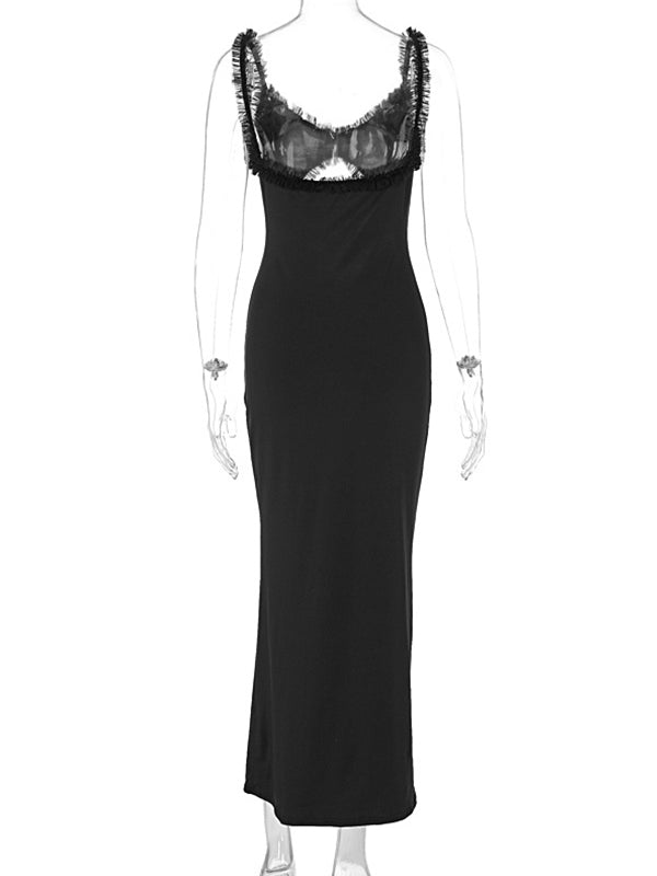 fotobeyou Black Ruffle Cut Out Ruched Cami Elegant Maternity Photoshoot Maxi Dress