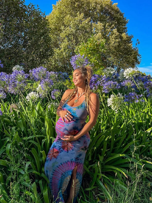 fotobeyou Royal blue Print Spaghetti Straps Slit Tie Back Elegant Maternity Photoshoot Baby Shower Maxi Dress