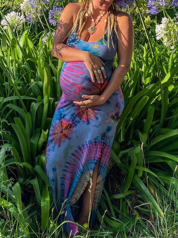 fotobeyou Royal blue Print Spaghetti Straps Slit Tie Back Elegant Maternity Photoshoot Baby Shower Maxi Dress