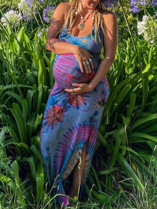 fotobeyou Royal blue Print Spaghetti Straps Slit Tie Back Elegant Maternity Photoshoot Baby Shower Maxi Dress
