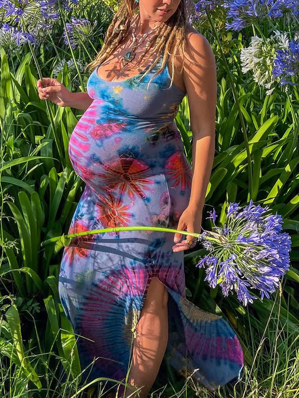 fotobeyou Royal blue Print Spaghetti Straps Slit Tie Back Elegant Maternity Photoshoot Baby Shower Maxi Dress