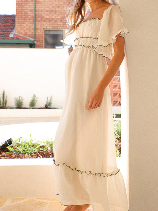 fotobeyou Apricot Lace Ruffle Puff Sleeve Flowy Elegant Maternity Photoshoot Baby Shower Maxi Dress