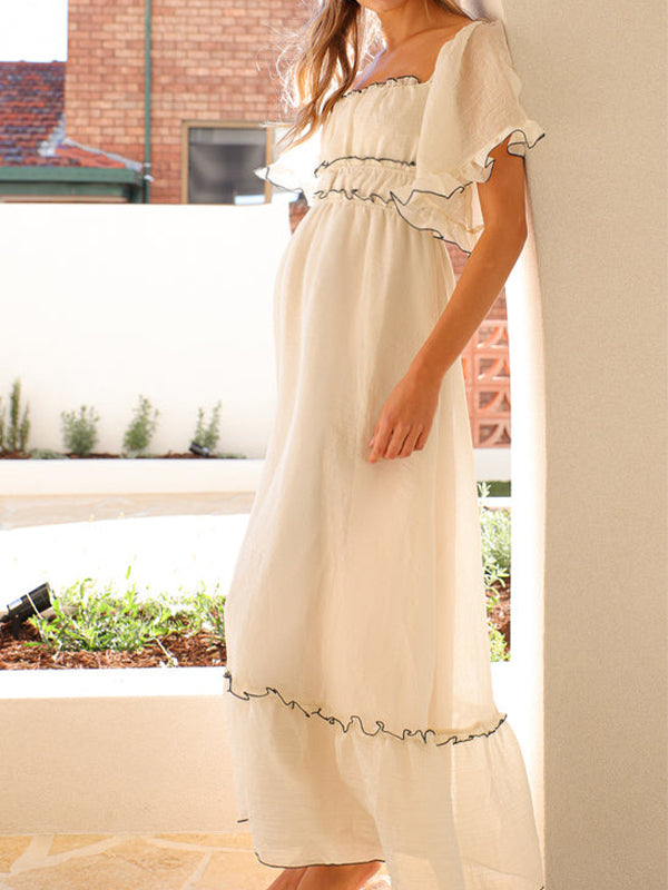 fotobeyou Apricot Lace Ruffle Puff Sleeve Flowy Elegant Maternity Photoshoot Baby Shower Maxi Dress