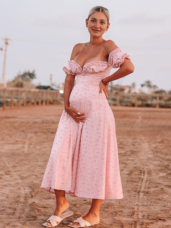Floral Off Shoulder Ruffle Falbala Big Swing Boho Maternity Photoshoot Maxi Dress