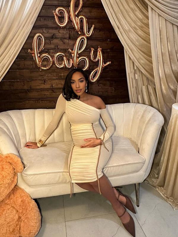 fotobeyou Hit Color Mesh Ruched One Shoulder Elegant Maternity Baby Shower Maxi Dress