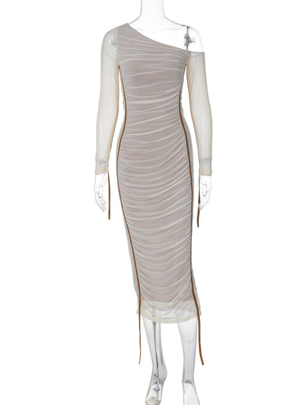 fotobeyou Hit Color Mesh Ruched One Shoulder Elegant Maternity Baby Shower Maxi Dress
