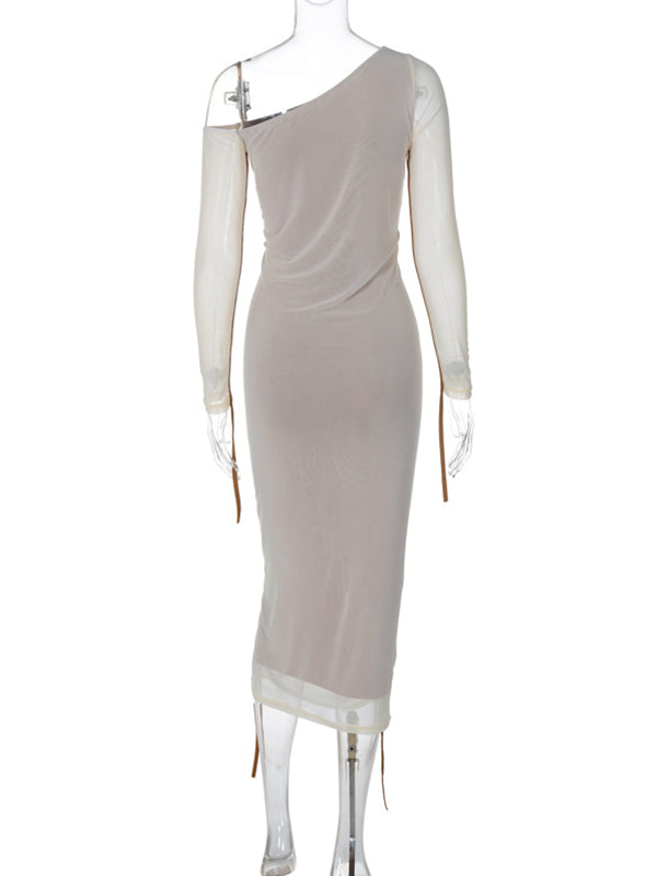 fotobeyou Hit Color Mesh Ruched One Shoulder Elegant Maternity Baby Shower Maxi Dress
