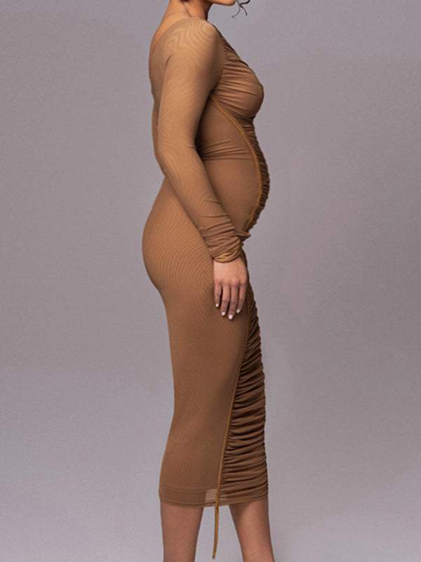 fotobeyou Hit Color Mesh Ruched One Shoulder Elegant Maternity Baby Shower Maxi Dress