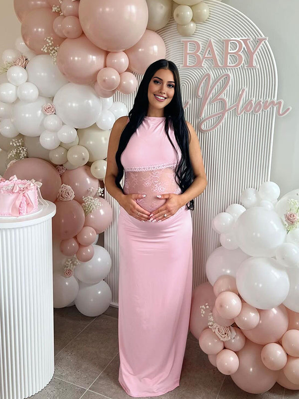 fotobeyou Lace Patchwork Backless Elegant Maternity Baby Shower Maxi Dress