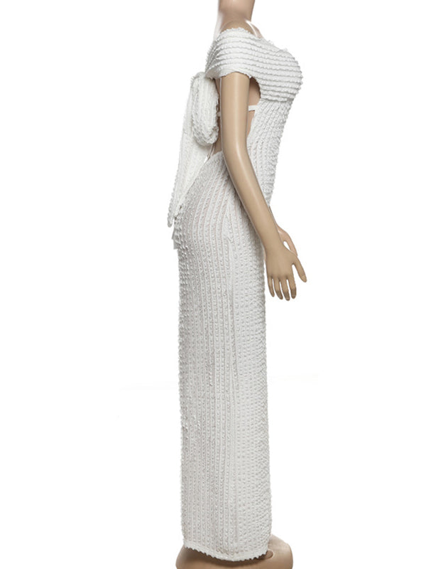 fotobeyou Ivory Off Shoulder Ruffle Falbala Backless Bow Elegant Maternity Baby Shower Maxi Dress