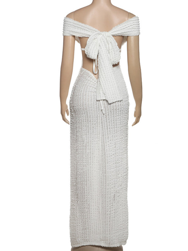 fotobeyou Ivory Off Shoulder Ruffle Falbala Backless Bow Elegant Maternity Baby Shower Maxi Dress