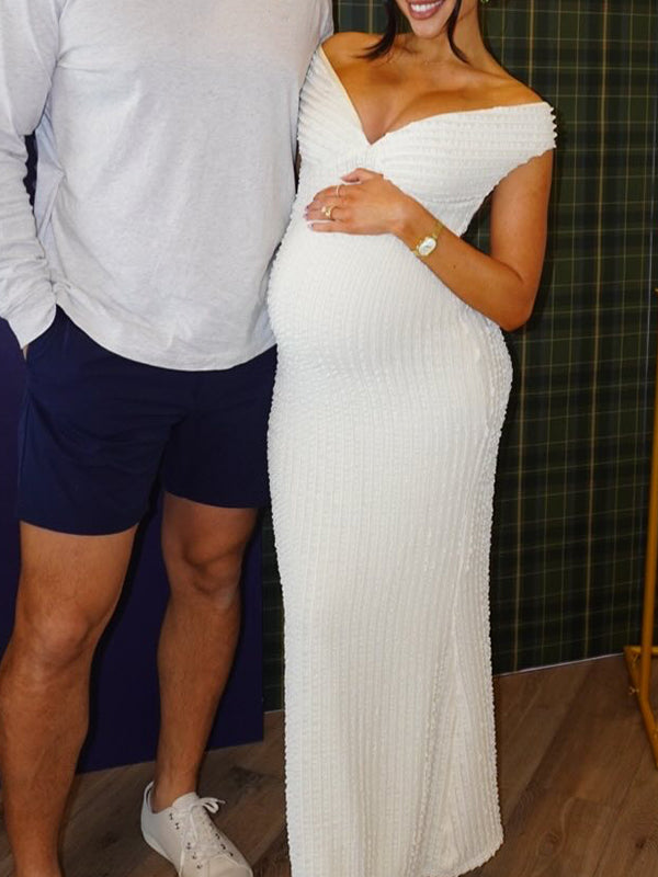 fotobeyou Ivory Off Shoulder Ruffle Falbala Backless Bow Elegant Maternity Baby Shower Maxi Dress