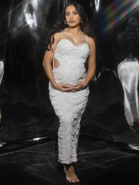 fotobeyou White Spaghetti Straps Sequin Slit Bodycon Party Elegant Maternity Photoshoot Maxi Dress