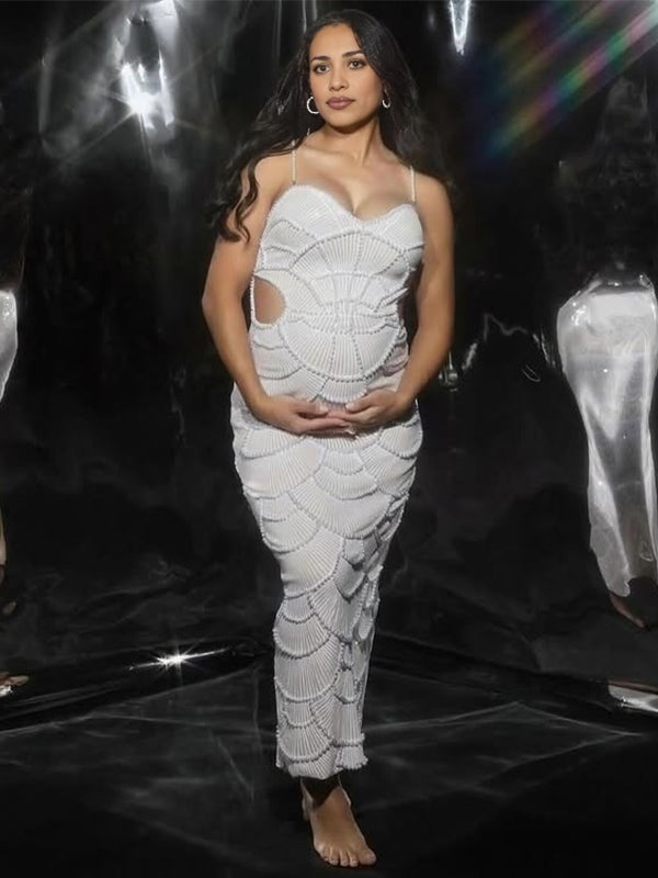 fotobeyou White Spaghetti Straps Sequin Slit Bodycon Party Elegant Maternity Photoshoot Maxi Dress