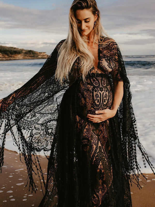 fotobeyou Lace Tassel Flowers Photoshoot Maternity Maxi Dresses