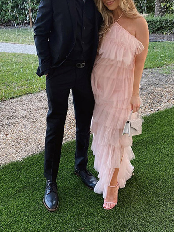 fotobeyou Pink Halter Neck Tulle Gossip Sweet Banquet Maternity Photoshoot Maxi Dress