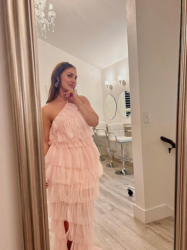 fotobeyou Pink Halter Neck Tulle Gossip Sweet Banquet Maternity Photoshoot Maxi Dress