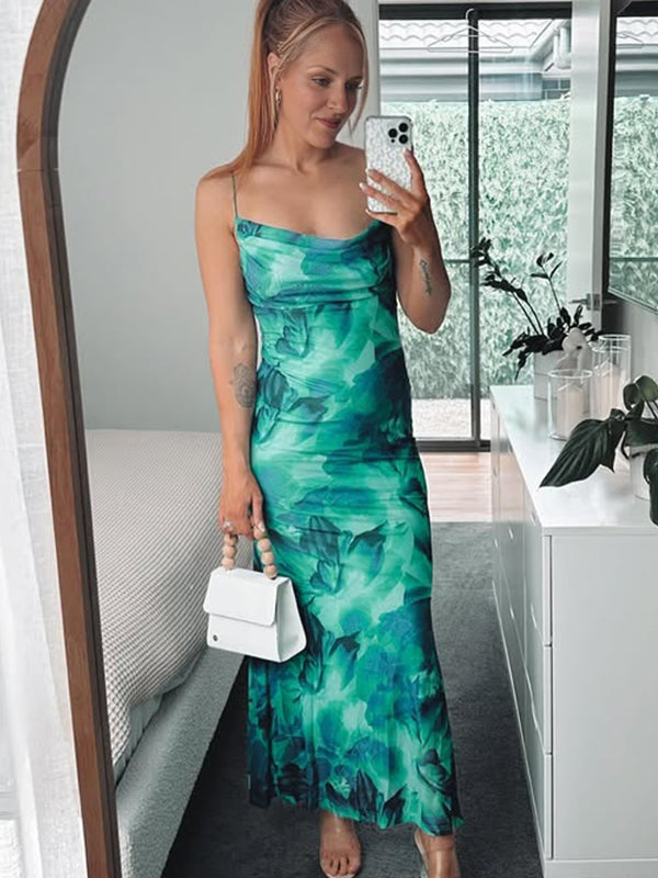 fotobeyou Emerald Green Stamp Duty Spaghetti Strap Open Back Vacation Beach Maternity Photoshoot Maxi Dress
