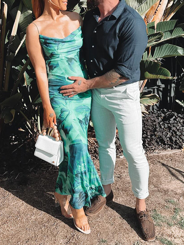 fotobeyou Emerald Green Stamp Duty Spaghetti Strap Open Back Vacation Beach Maternity Photoshoot Maxi Dress