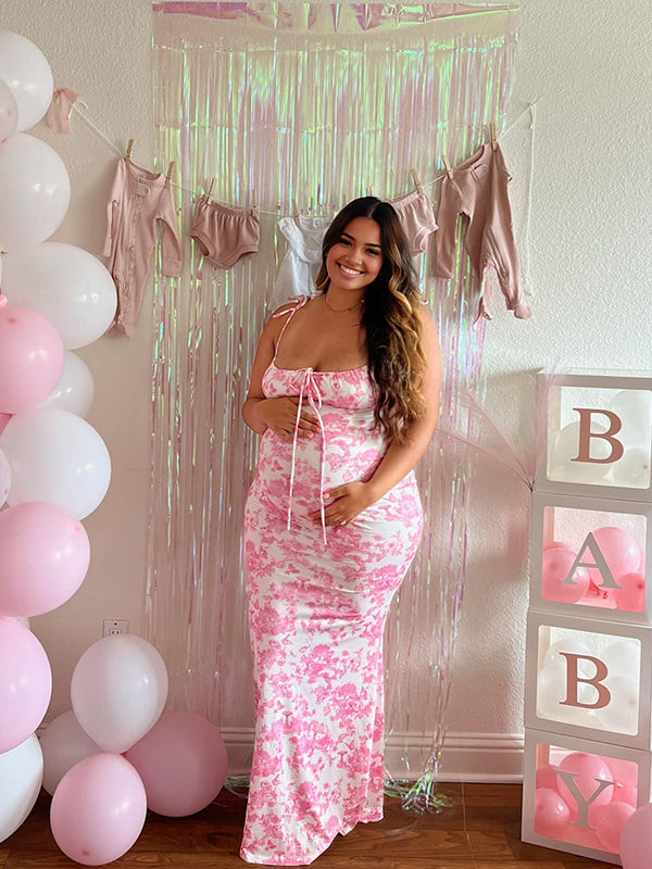 fotobeyou Pink Crushed Flower Spaghetti Strap lace-up Ruched Banquet Party Baby Shower Maternity Photoshoot Maxi Dress