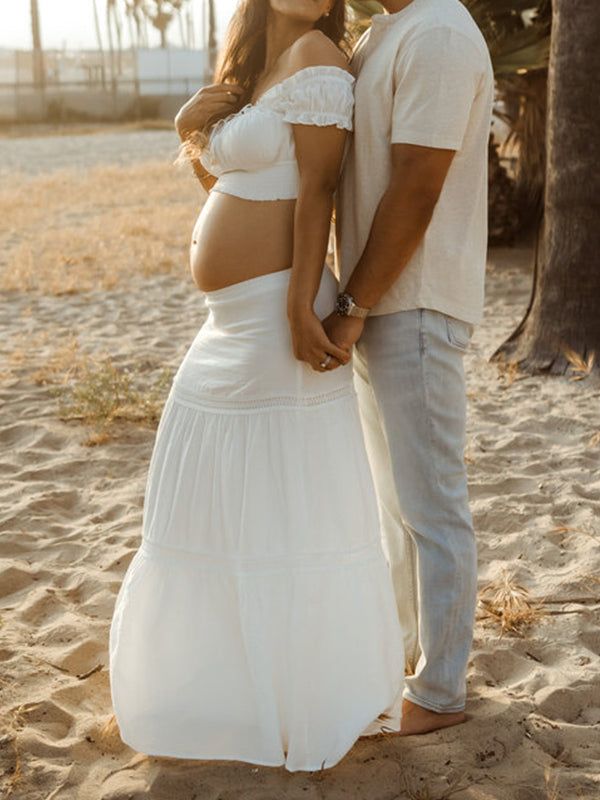 fotobeyou Off Shoulder Ruffle Falbala Big Swing Two Piece Set Boho Maternity Photoshoot Maxi Dress