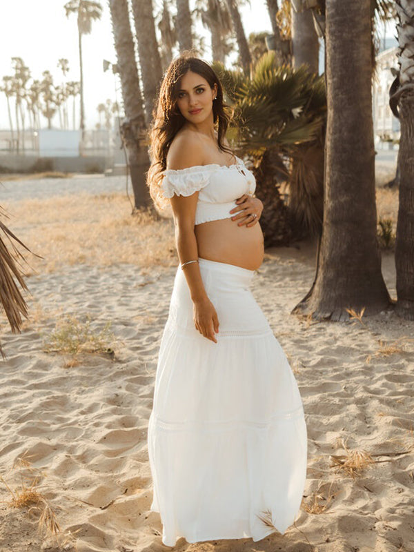fotobeyou Off Shoulder Ruffle Falbala Big Swing Two Piece Set Boho Maternity Photoshoot Maxi Dress