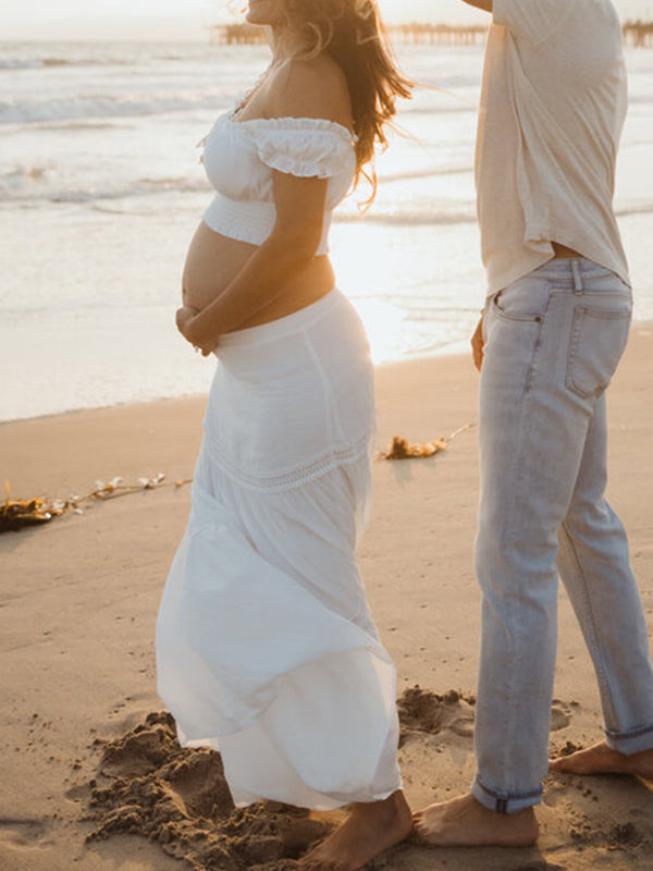 fotobeyou Off Shoulder Ruffle Falbala Big Swing Two Piece Set Boho Maternity Photoshoot Maxi Dress