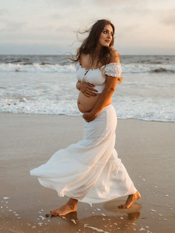fotobeyou Off Shoulder Ruffle Falbala Big Swing Two Piece Set Boho Maternity Photoshoot Maxi Dress
