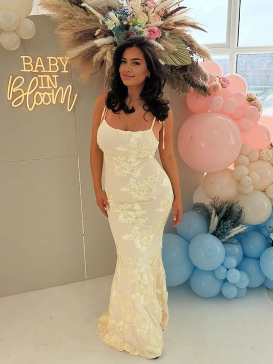fotobeyou Cream White Floral Tie Shoulder Strap Cami Elegant Maternity Baby Shower Maxi Dress