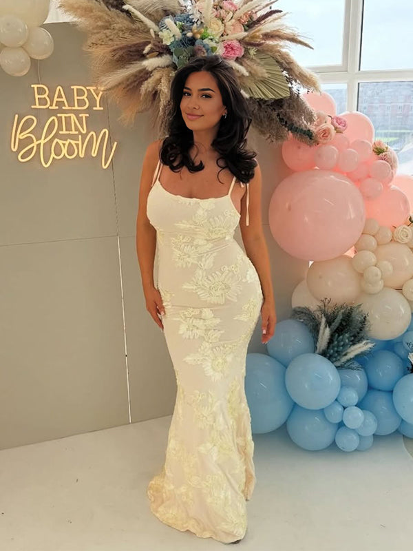 fotobeyou Cream White Floral Tie Shoulder Strap Cami Elegant Maternity Baby Shower Maxi Dress