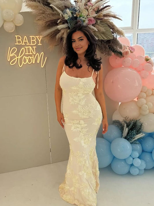 fotobeyou Cream White Floral Tie Shoulder Strap Cami Elegant Maternity Baby Shower Maxi Dress