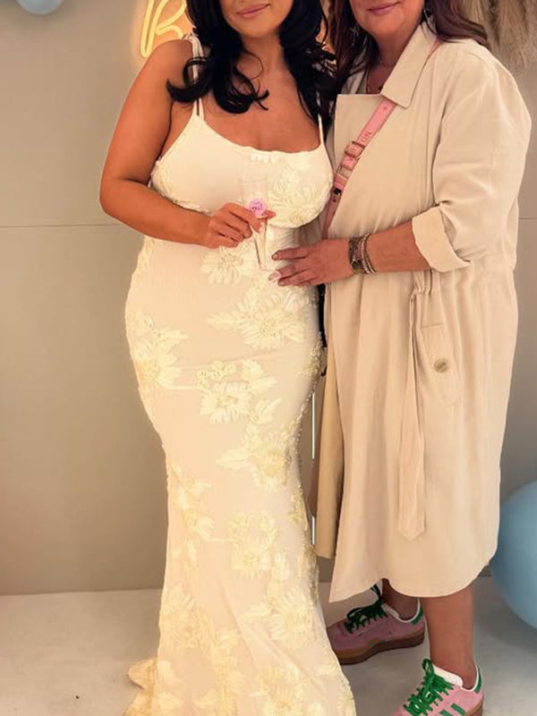 fotobeyou Cream White Floral Tie Shoulder Strap Cami Elegant Maternity Baby Shower Maxi Dress