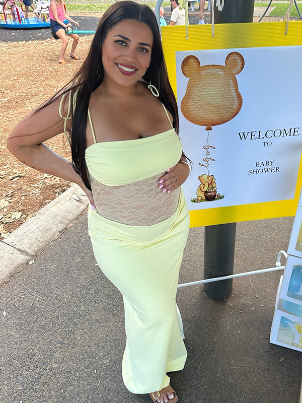 fotobeyou Lace Ruched Tie Shoulder Strap Cami Chic Maternity Baby Shower Maxi Dress