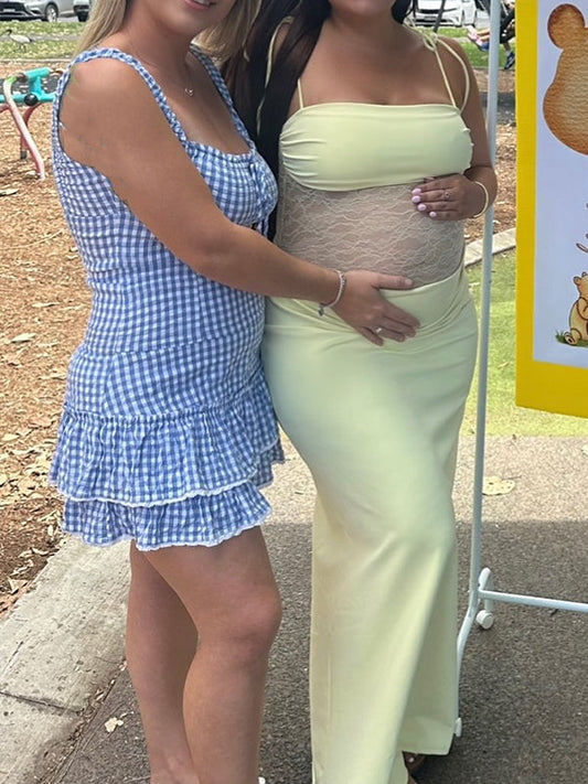 fotobeyou Lace Ruched Tie Shoulder Strap Cami Chic Maternity Baby Shower Maxi Dress