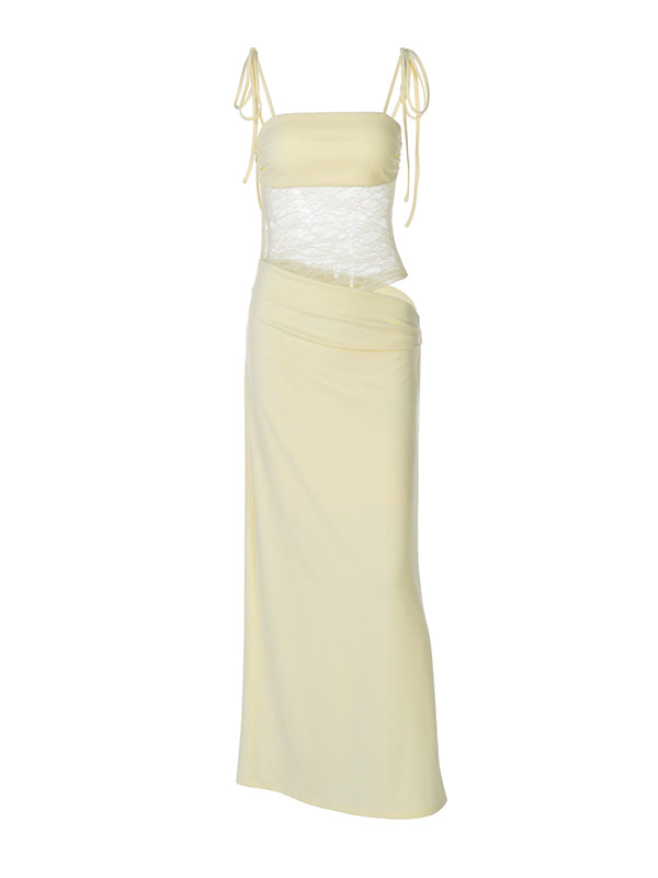 fotobeyou Lace Ruched Tie Shoulder Strap Cami Chic Maternity Baby Shower Maxi Dress