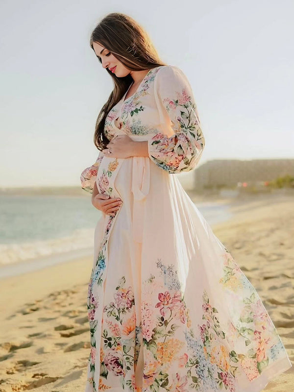 fotobeyou Floral Wrap Belt Big Swing Breastfeeding Elegant Maternity Photoshoot Maxi Dress