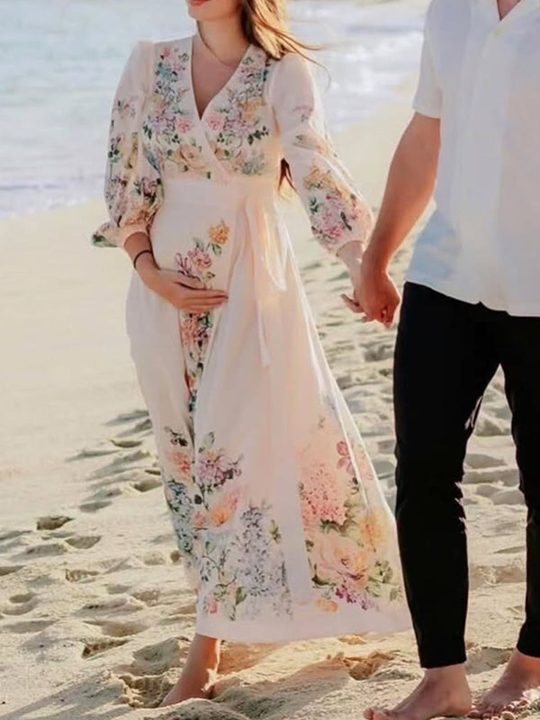 fotobeyou Floral Wrap Belt Big Swing Breastfeeding Elegant Maternity Photoshoot Maxi Dress