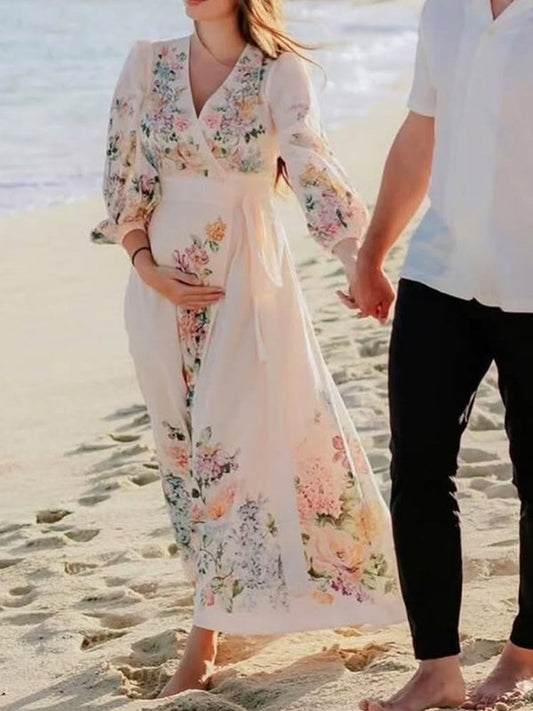 fotobeyou Floral Wrap Belt Big Swing Breastfeeding Elegant Maternity Photoshoot Maxi Dress