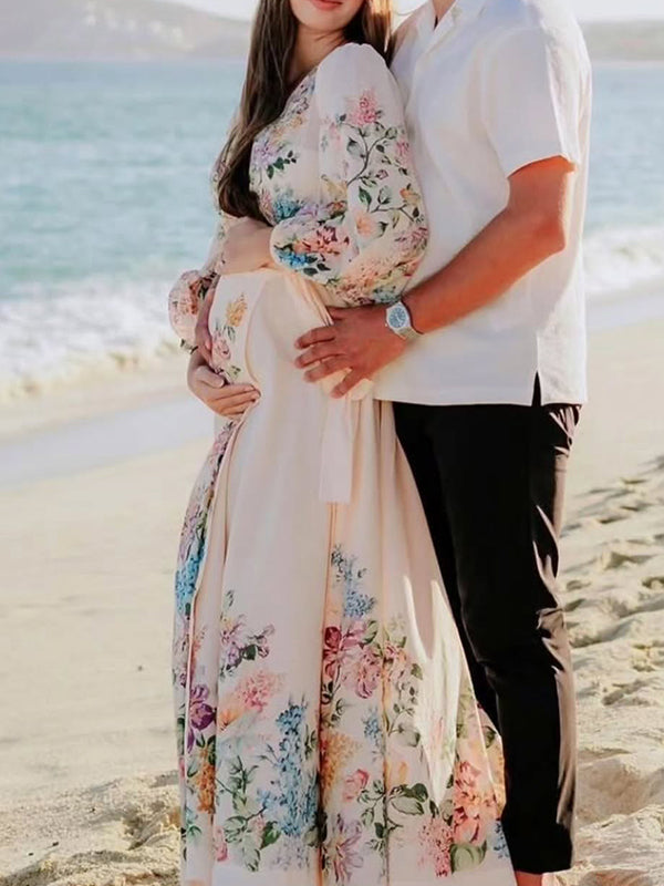 fotobeyou Floral Wrap Belt Big Swing Breastfeeding Elegant Maternity Photoshoot Maxi Dress