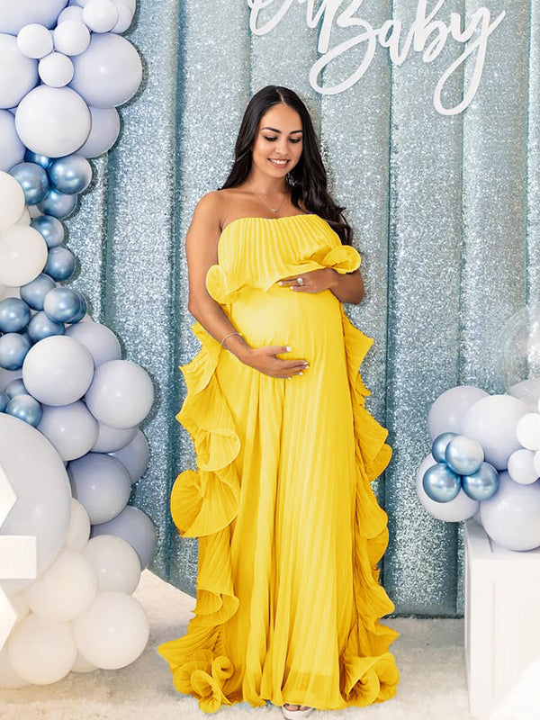 fotobeyou Strapless Ruffle Falbala Pleated Chiffon Elegant Maternity Baby Shower Maxi Dress