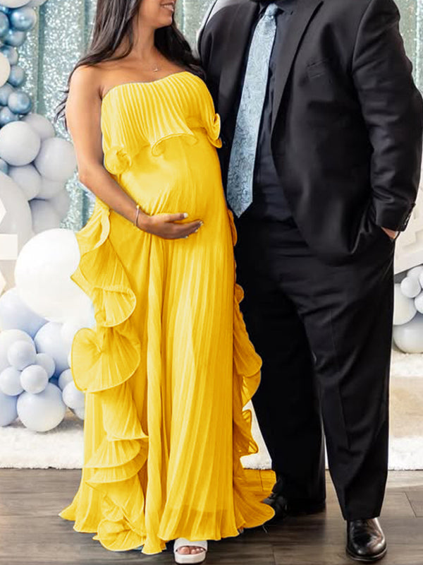 fotobeyou Strapless Ruffle Falbala Pleated Chiffon Elegant Maternity Baby Shower Maxi Dress