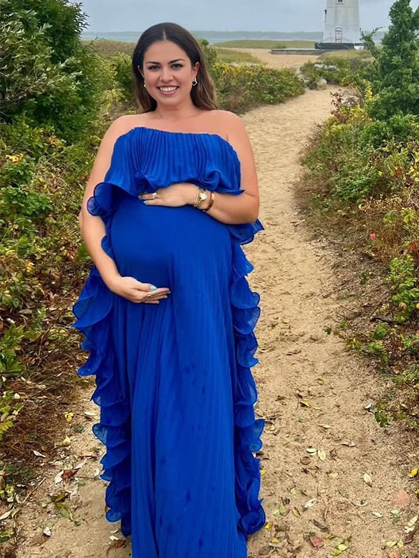fotobeyou Strapless Ruffle Falbala Pleated Chiffon Elegant Maternity Baby Shower Maxi Dress