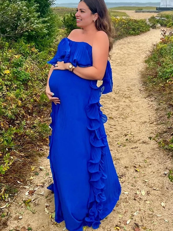 fotobeyou Strapless Ruffle Falbala Pleated Chiffon Elegant Maternity Baby Shower Maxi Dress