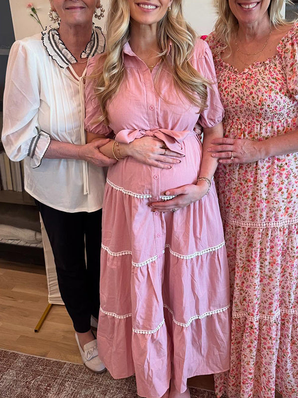 fotobeyou Pink Lace-up Buttons Ruched Puff Sleeve Daily Going out Baby Shower Maternity Photoshoot Maxi Dress