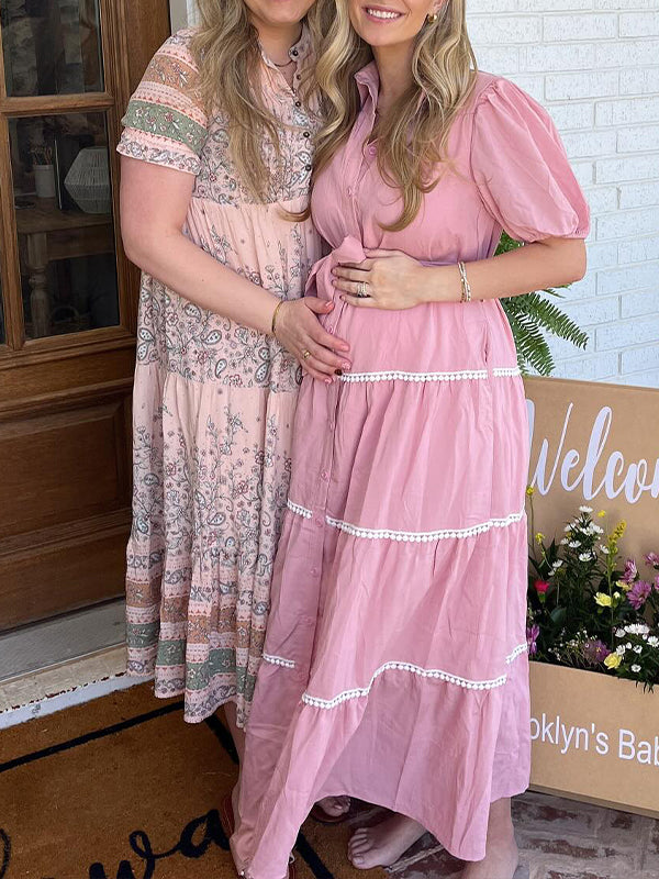 fotobeyou Pink Lace-up Buttons Ruched Puff Sleeve Daily Going out Baby Shower Maternity Photoshoot Maxi Dress