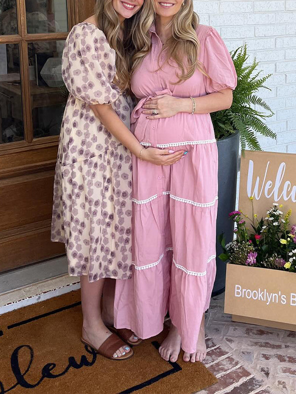 fotobeyou Pink Lace-up Buttons Ruched Puff Sleeve Daily Going out Baby Shower Maternity Photoshoot Maxi Dress