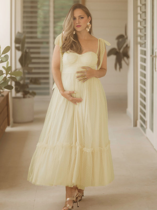 fotobeyou Yellow Polka Dot Tulle Big Swing Elegant Maternity Photoshoot Maxi Dress